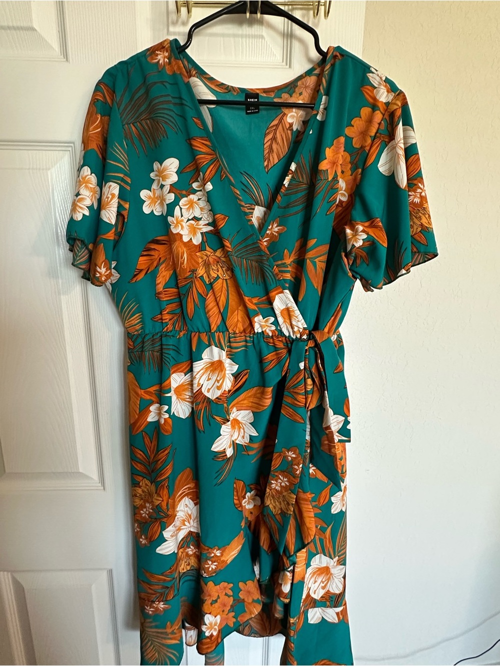 SHEIN Teal Floral Wrap Midi Dress with Orange and White Blooms